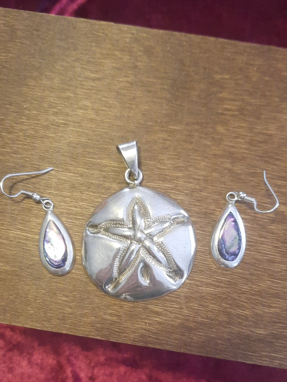 Sterling Silver Sand Dollar Pendant and Abalone Teardrop Earrings Set - Silver